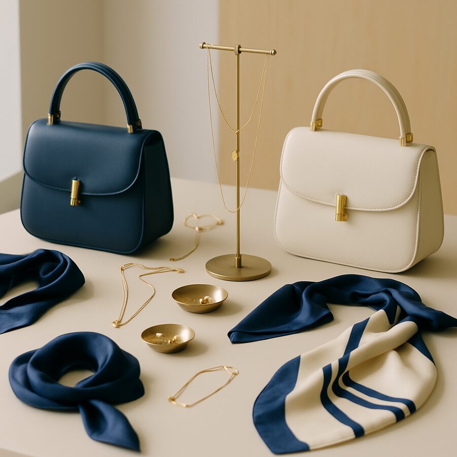 Sacs, bijoux et foulards aux tons indigo, écru et doré