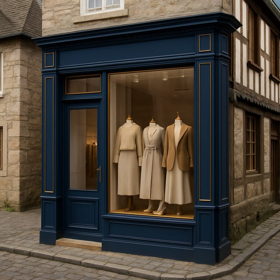 Devanture de la boutique Bleu de Chine dans une rue normande