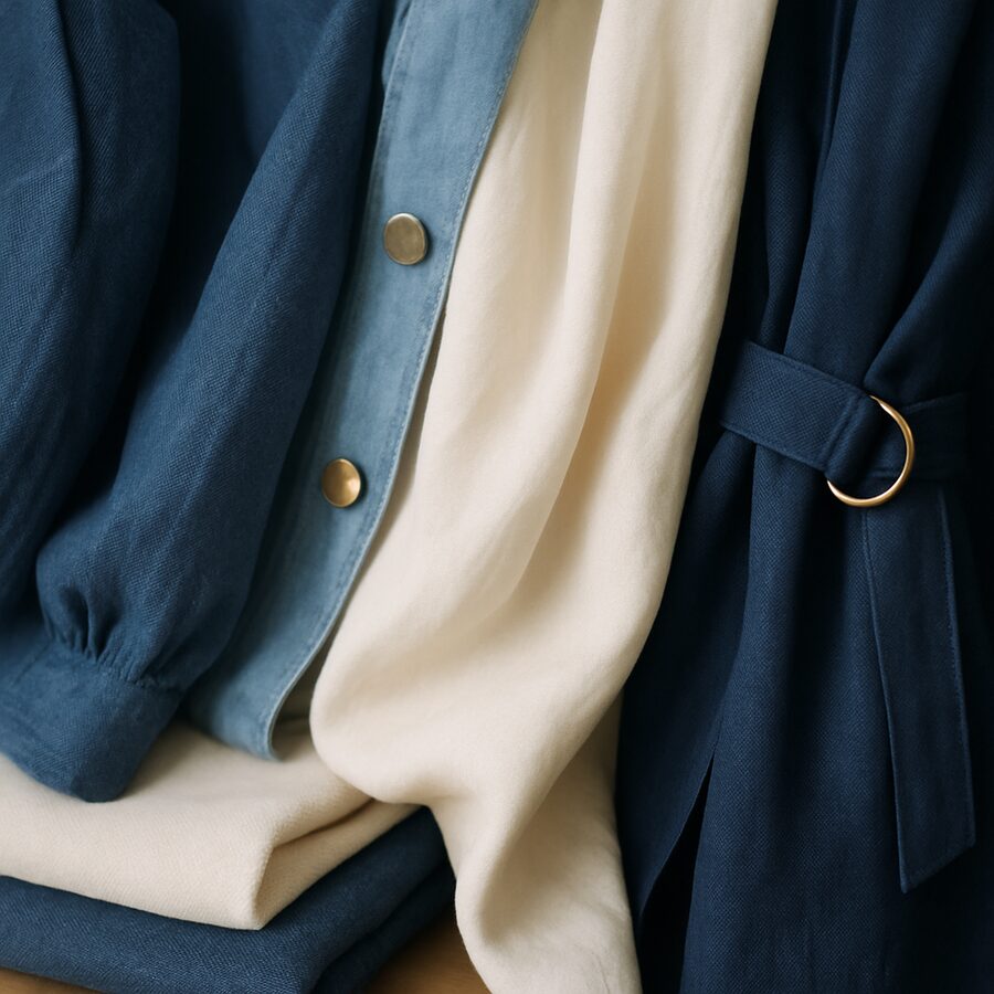 Vêtements femme aux tons indigo et écru, matières naturelles